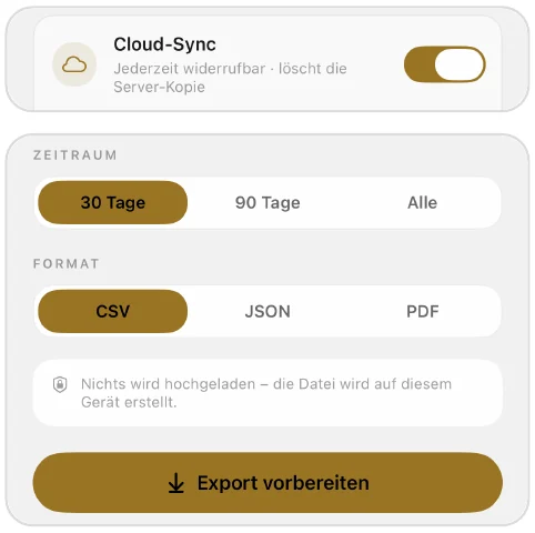 Cloud-Sync-Schalter und Export mit Zeitraum und Format