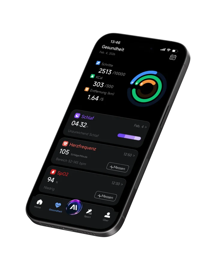 Panoramica nell'app MYnextRING con passi, sonno, frequenza cardiaca e SpO2