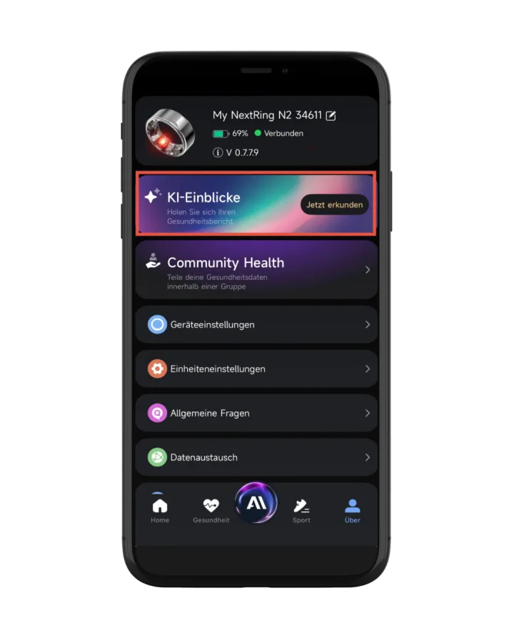 MYnextRING App — den Bereich KI-Einblicke im Über-Menü öffnen
