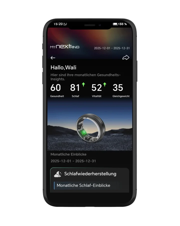 Analisi IA mensili nell'app MYnextRING con valori di salute, sonno e vitalità