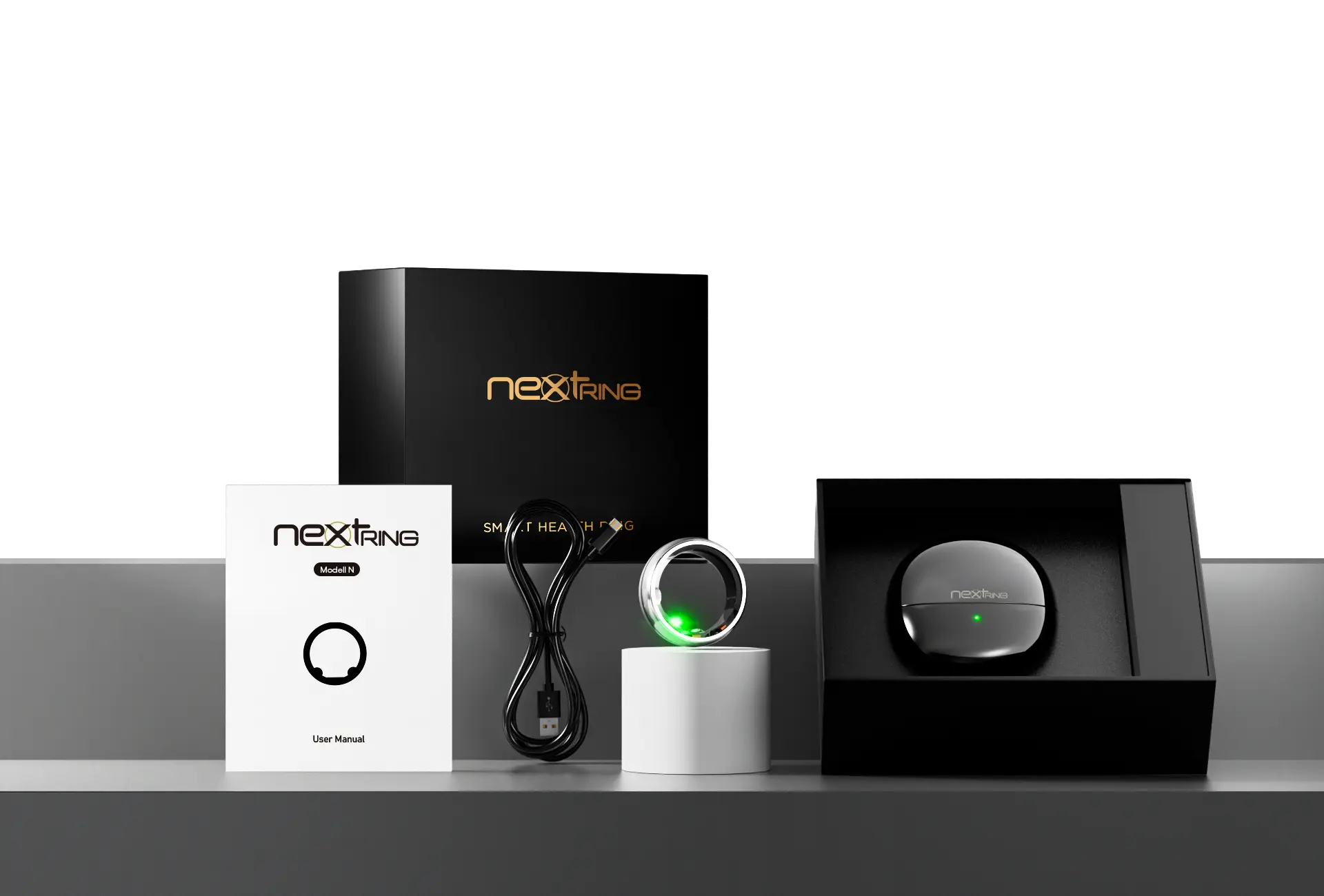 Contenuto della confezione: confezione, manuale d'uso, cavo USB-C, anello sulla base di ricarica e custodia di ricarica